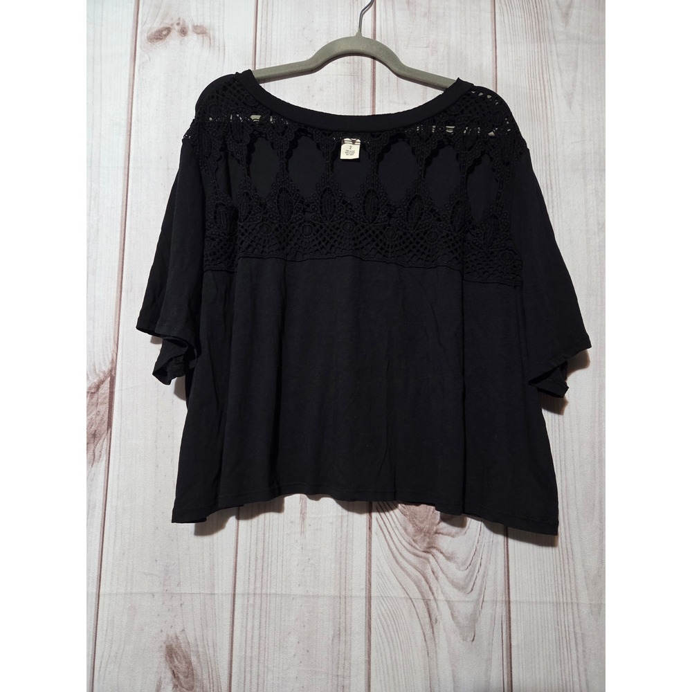Festi Womens Black Crochet Lace Yoke Cotton Crop Top Short Sleeve Size 2 Boho